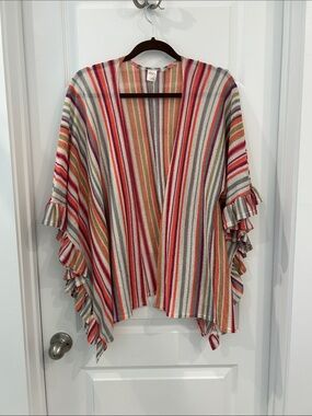 Striped Ruffle Sleeve Open Cardigan - Multi